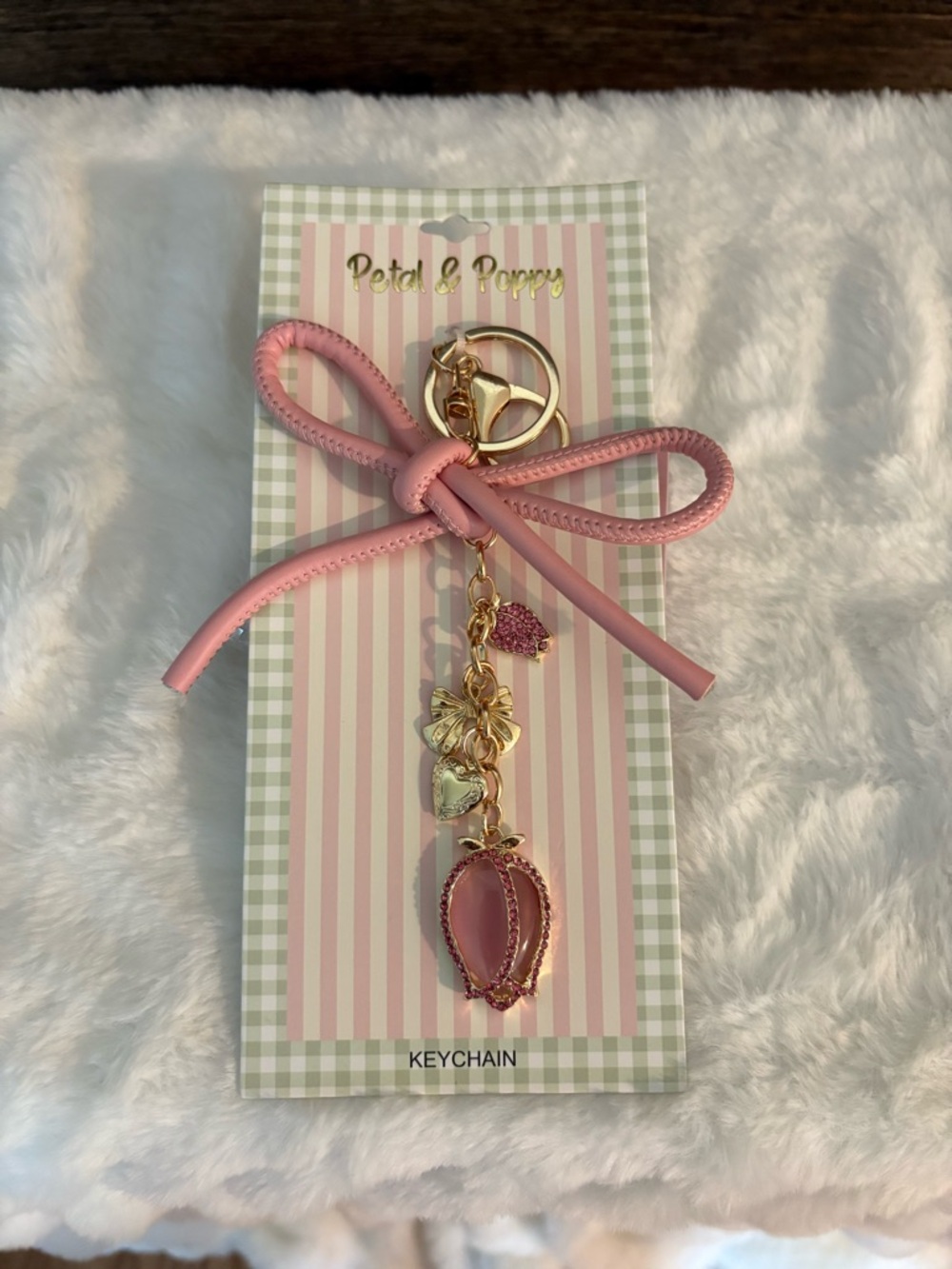 Pink Bow Charm Keychain with Gold Accents
